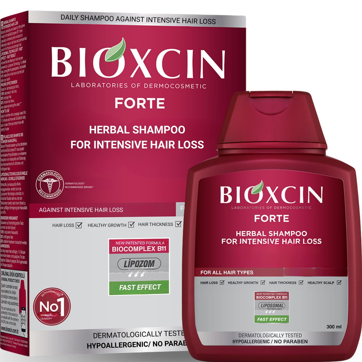 Bioxcin Forte -yrttishampoo – vahvistava shampoo voimakkaaseen hiustenlähtöön, sisältää BioComplex B11:tä, 300 ml