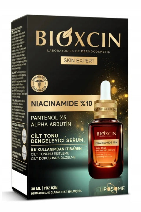 Bioxcin Skin Expert Niacinamide 10% + Panthenol 5% – kasvojen seerumi ihon sävyn tasoittamiseen alfa-arbutiinilla, 30 ml