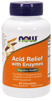 NOW Foods Acid Relief su fermentais, 60 kramtomųjų tablečių, virškinimo sveikatai