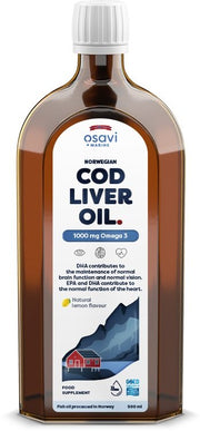 Osavi Norvegijos menkių kepenų aliejus, 1000mg Omega 3, citrinos skonis, 500 ml