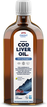 Osavi Norvegijos menkės kepenų aliejus, 1000mg Omega-3, citrinų-mėtų skonis, 250 ml