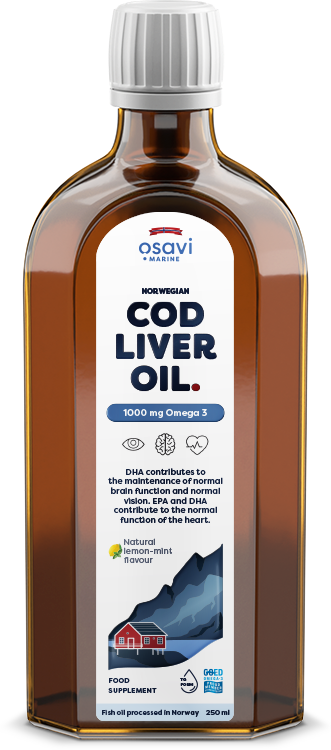 Osavi Norvegijos menkės kepenų aliejus, 1000mg Omega-3, citrinų-mėtų skonis, 250 ml