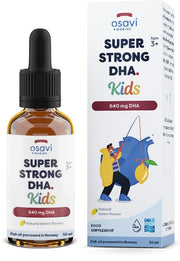 Osavi Super Strong DHA Kids, 640mg DHA, citrinės spalvos maisto papildo butelis