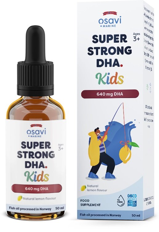 Osavi Super Strong DHA Kids, 640mg DHA, citrinės spalvos maisto papildo butelis