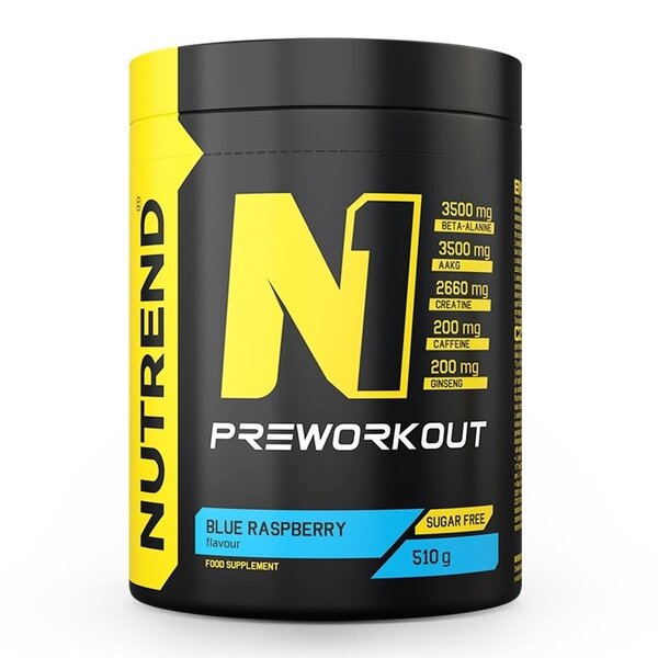 Nutrend N1 Pre-Workout, Blue Raspberry - 510 g, sporto papildas