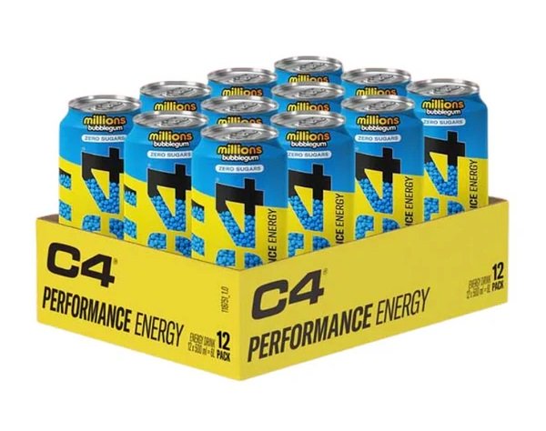 C4 energijos gėrimų skardinės, sporto papildas