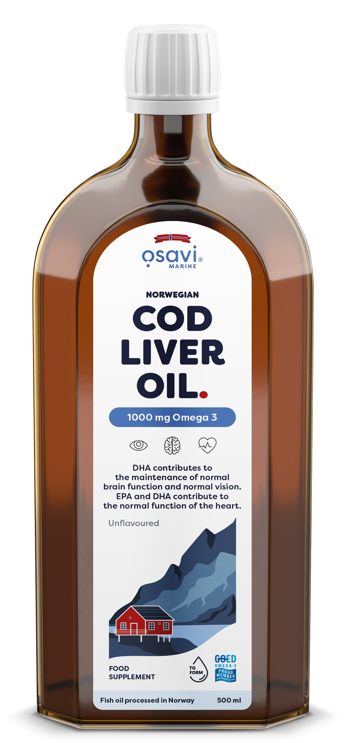 Osavi Norvegijos menkių kepenų aliejus, 1000mg Omega 3, be skonio, 500 ml