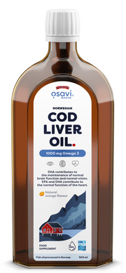 Osavi Norvegijos menkių kepenų aliejus, 1000mg Omega 3, apelsinų skonio, 500 ml
