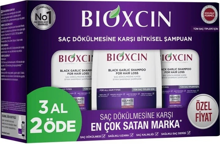 Bioxcin Black Garlic -vahvistava shampoo hiustenlähtöä vastaan mustalla valkosipulilla, 3 × 300 ml